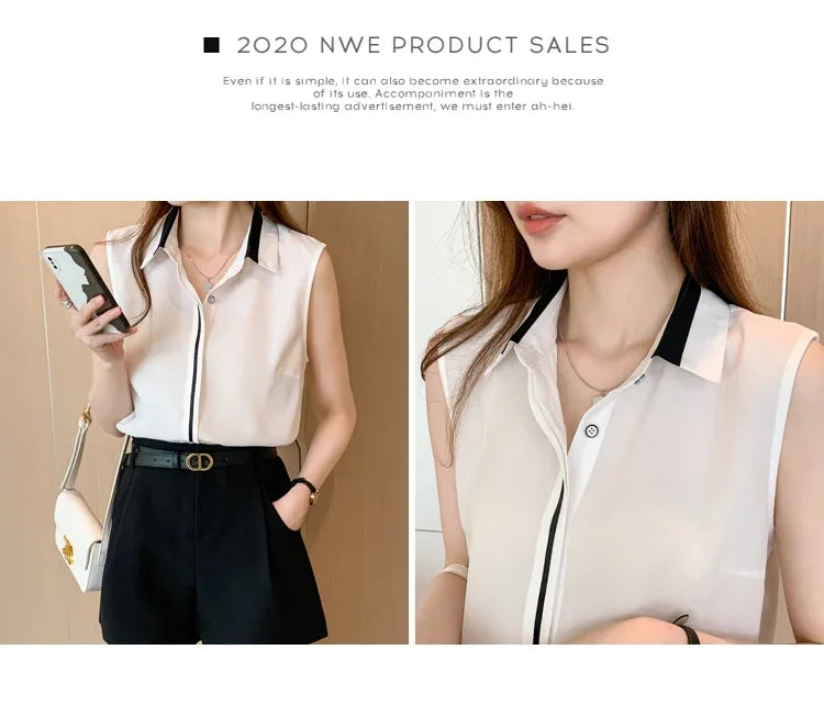 White Shirt Tank Tops Blouse for Women Summer Fashion Shirts and Blouses Basic OL Sleeveless Womens Tops Chiffon Female Clothing