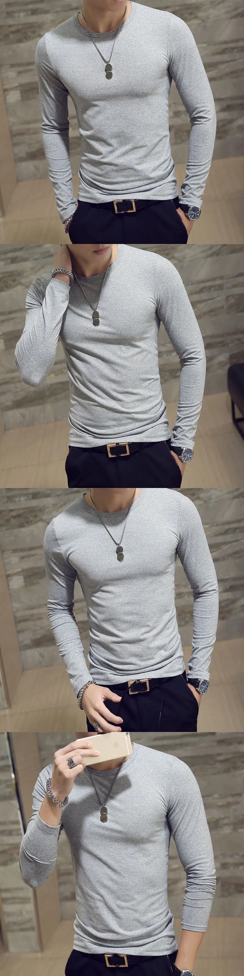 Mens Casual Slim Fit Long Sleeve T-Shirts O-Neck Man Elastic Lightweight Base Layer Male T Shirt Solid Color Tops Tees White