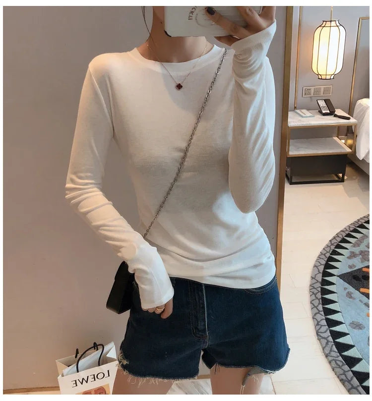 Women 2026 High Quality Plain T Shirt  Cotton Elastic Basic T-shirts Female Casual Tops Long Sleeve Sexy Thin T-shirt