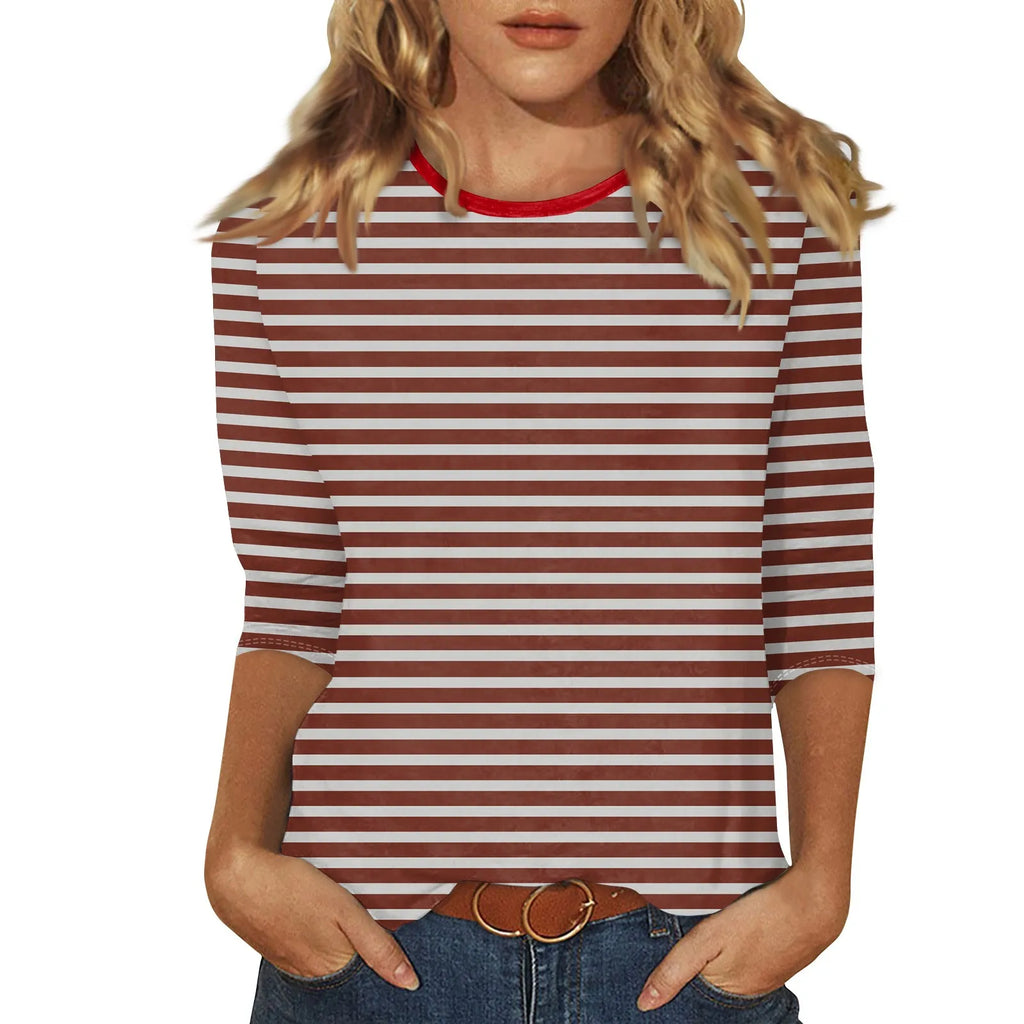 Women's Summer T-Shirts Fashion Casual Everyday Versatile O-Neck 3/4 Length Sleeve Tops Striped Print T-Shirt Tops Plus Size