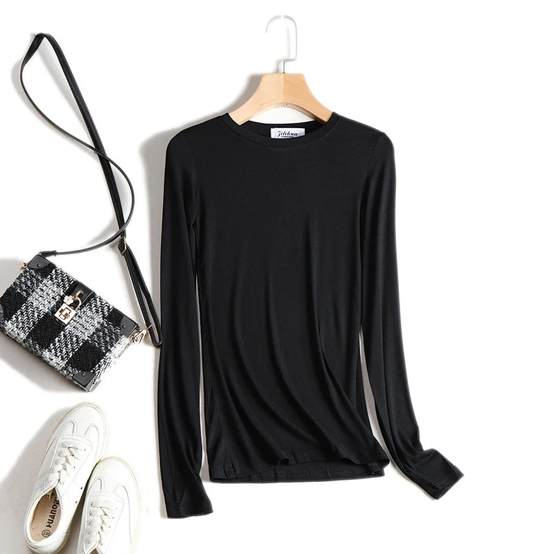 Plain Cotton Women T Shirt High Quality Elastic Basic Solid Long Sleeve T-shirts Female Casual Tops Korean Thin O Neck Tshirt