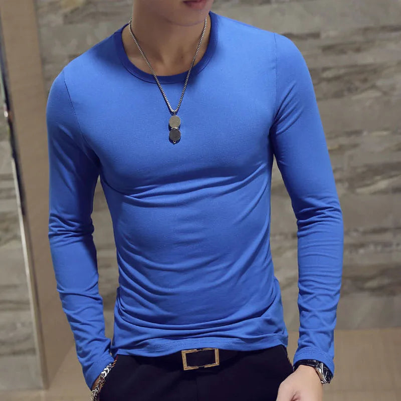 Mens Casual Slim Fit Long Sleeve T-Shirts O-Neck Man Elastic Lightweight Base Layer Male T Shirt Solid Color Tops Tees White