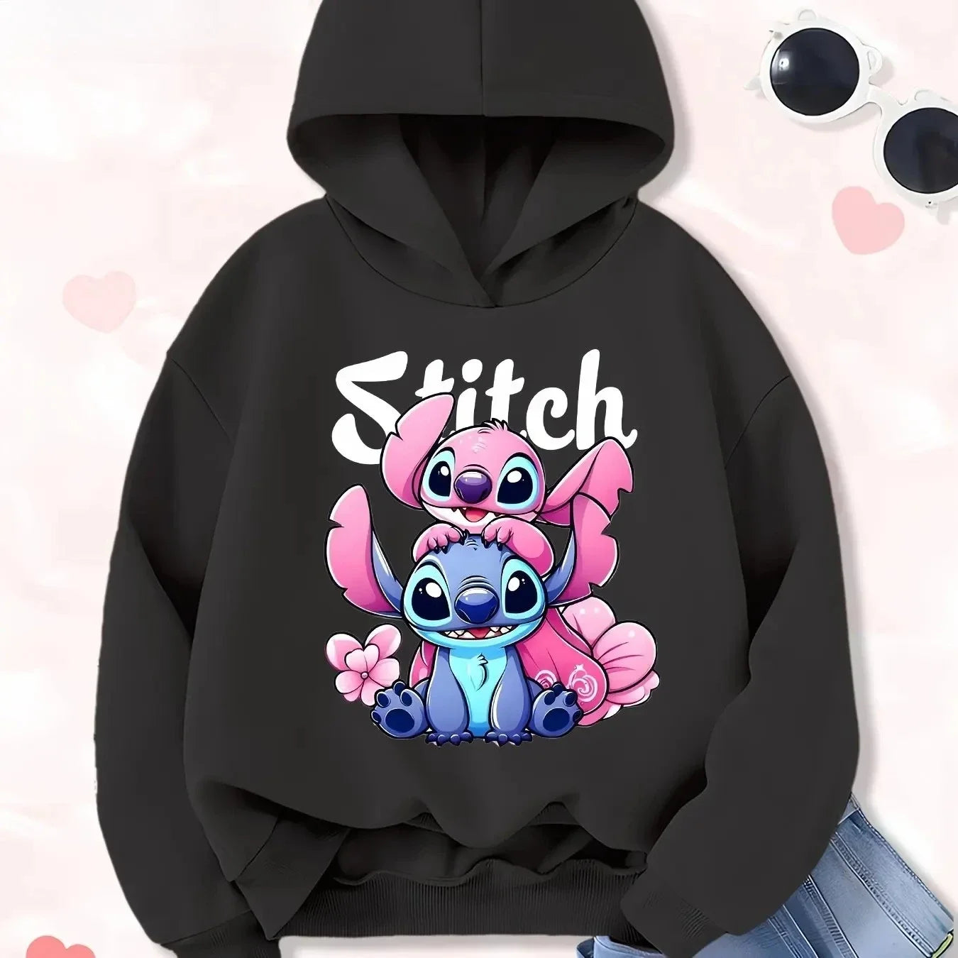 High-quality Printed Stitch and Lilo Pattern Boys and Girls Sweatshirt with Red Heart Design Autumn and Winter Pullover Fashion