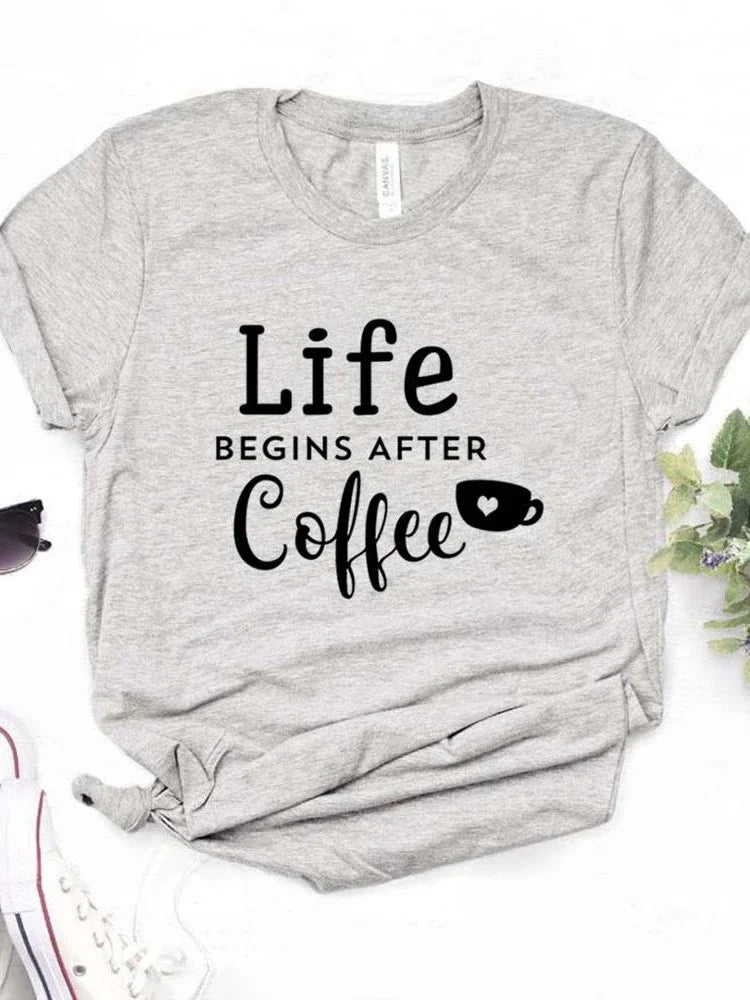 Women T Shirt Life Begins After Coffee Print Tshirt Women Short Sleeve O Neck Loose T-shirt Ladies Causal Tee Shirt Tops