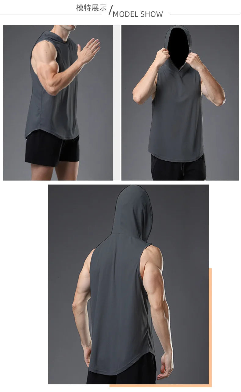 Mens Gym Tank top Men Fitness Sleeveless hooded Shirt Male Mesh Breathable Fitness Sports Vest Undershirt Gyms Running Vest Men