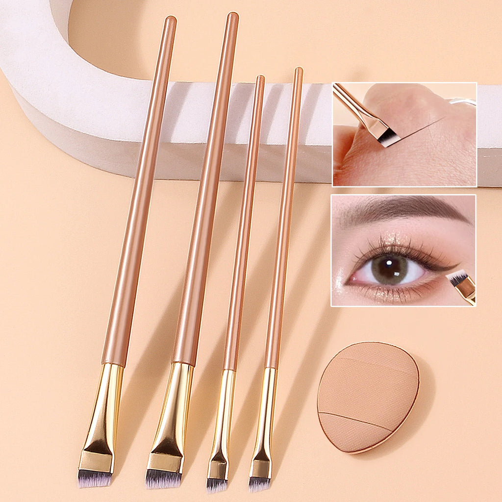 Makeup brush set: ultra-fine eyeliner brush + slanting eyebrow brush + under-eyelid to under-eye brush with mini powder puff