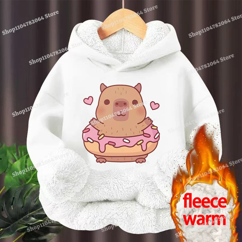 Kawaii Capybara Children's Clothing Lamb Wool Pullover Hoodies Boys Girls Winter Warm Thick Long Sleeved Sweatshirt Anime Gifts