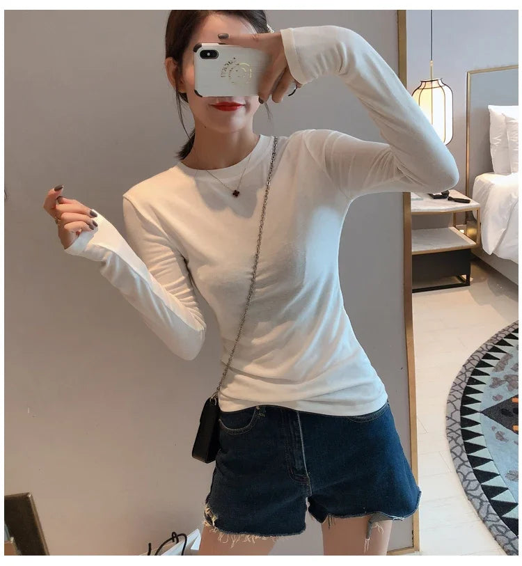 Women 2026 High Quality Plain T Shirt  Cotton Elastic Basic T-shirts Female Casual Tops Long Sleeve Sexy Thin T-shirt