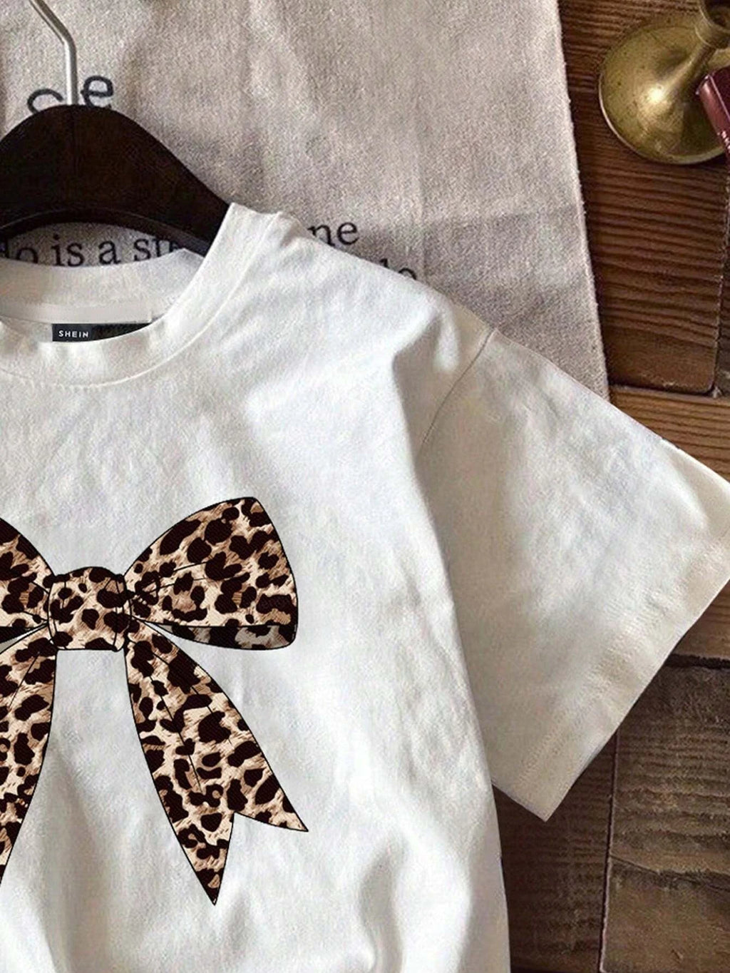 Kids T-shirts Suitable For Spring/Summer Fashion Bowknot Decorative Pattern Leopard Print Casual Simple Girls Round Neck Tees