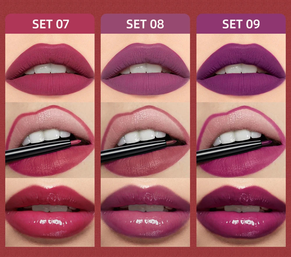 3pcs Matte Liquid Lipstick+Lip Liner Set Lip Glaze Makeup Nude Black Red Velvet Lip Gloss Long Lasting Lip Tint Cosmetics Kits