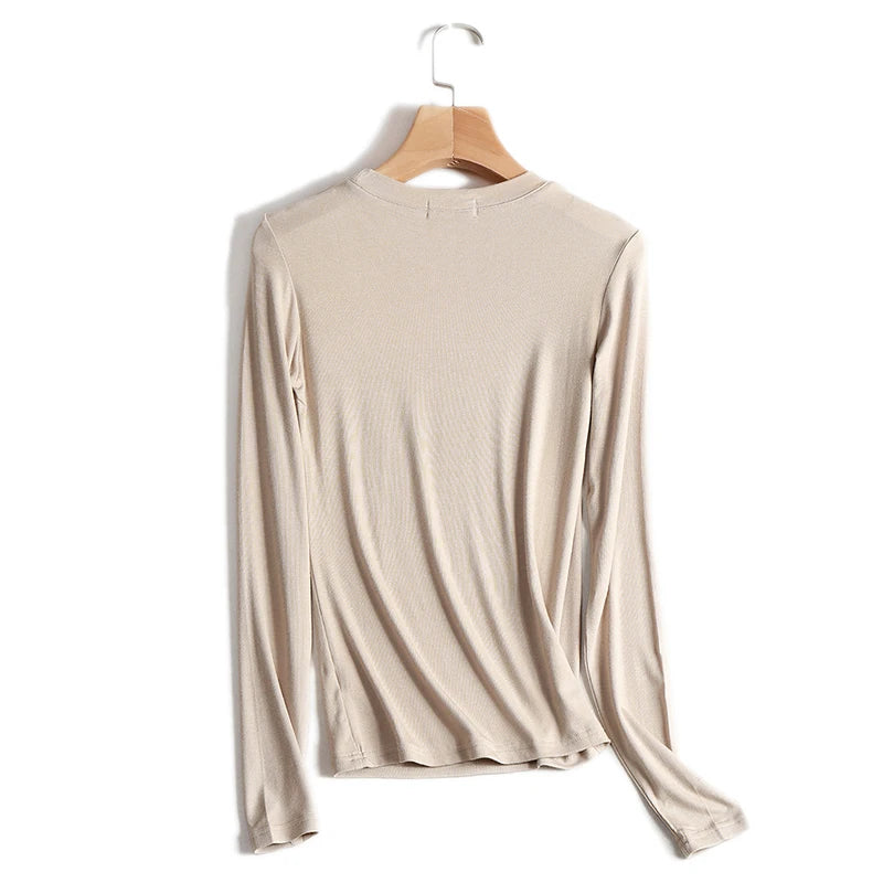 Plain Cotton Women T Shirt High Quality Elastic Basic Solid Long Sleeve T-shirts Female Casual Tops Korean Thin O Neck Tshirt