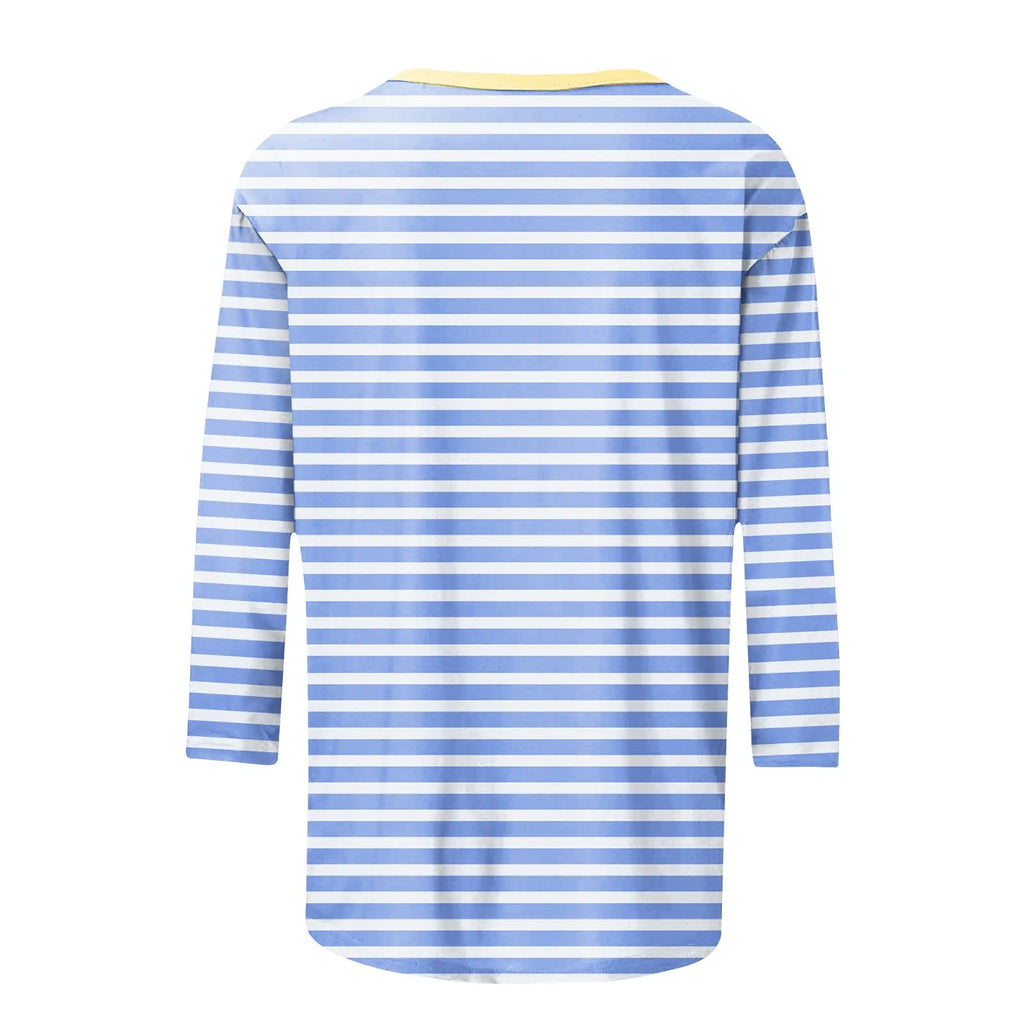Women's Summer T-Shirts Fashion Casual Everyday Versatile O-Neck 3/4 Length Sleeve Tops Striped Print T-Shirt Tops Plus Size