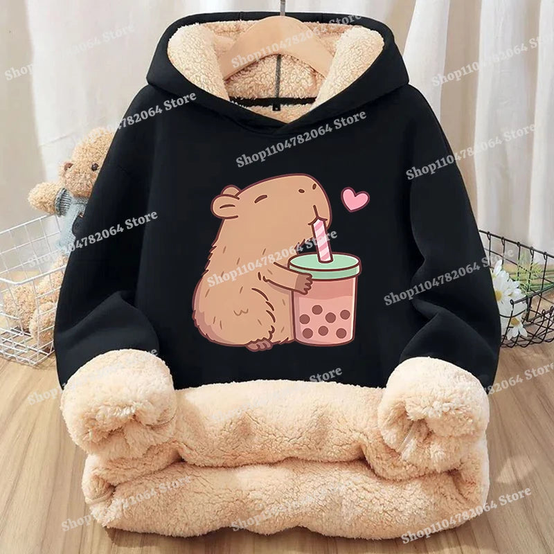Kawaii Capybara Children's Clothing Lamb Wool Pullover Hoodies Boys Girls Winter Warm Thick Long Sleeved Sweatshirt Anime Gifts