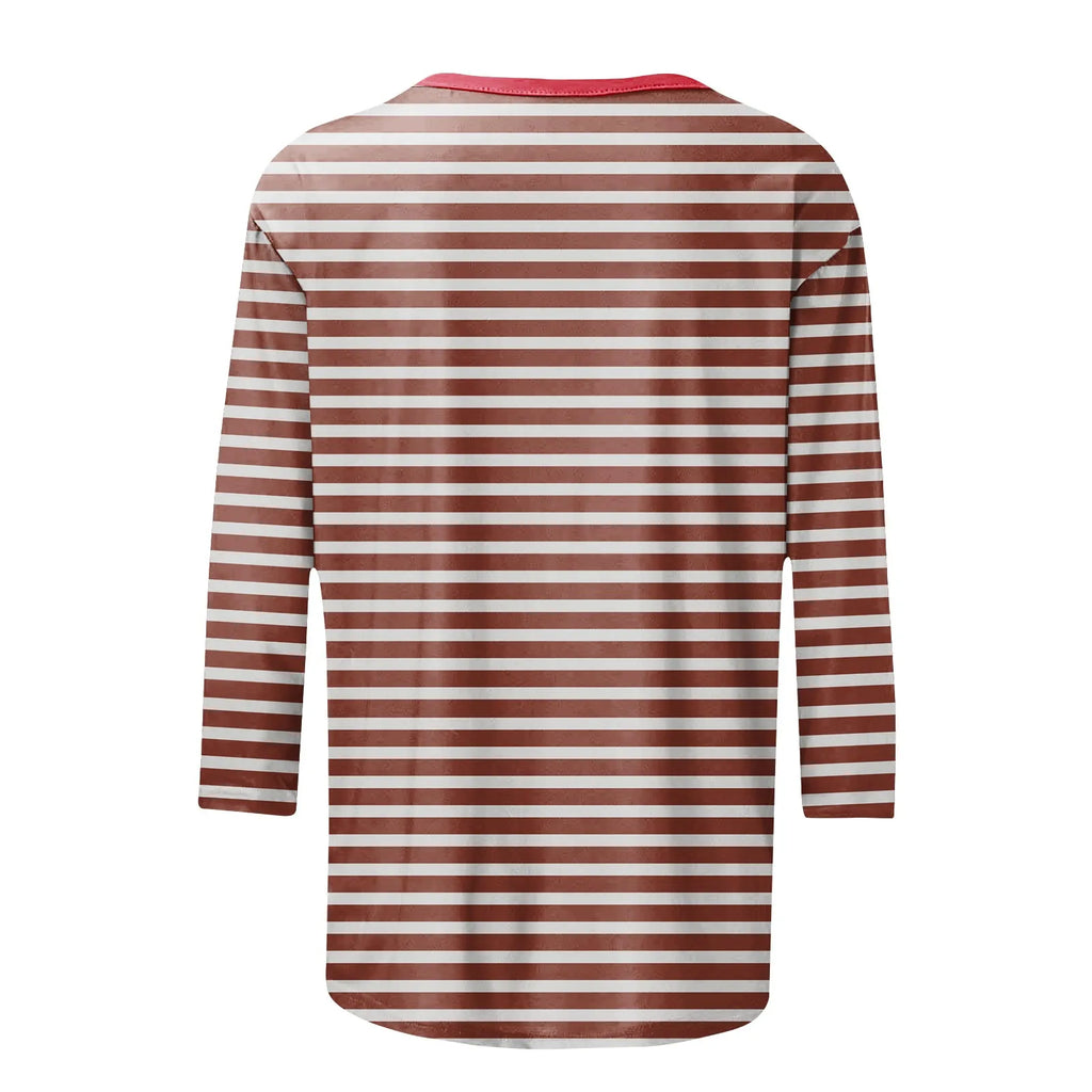 Women's Summer T-Shirts Fashion Casual Everyday Versatile O-Neck 3/4 Length Sleeve Tops Striped Print T-Shirt Tops Plus Size