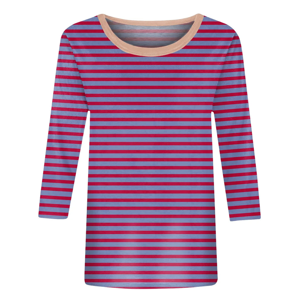 Women's Summer T-Shirts Fashion Casual Everyday Versatile O-Neck 3/4 Length Sleeve Tops Striped Print T-Shirt Tops Plus Size