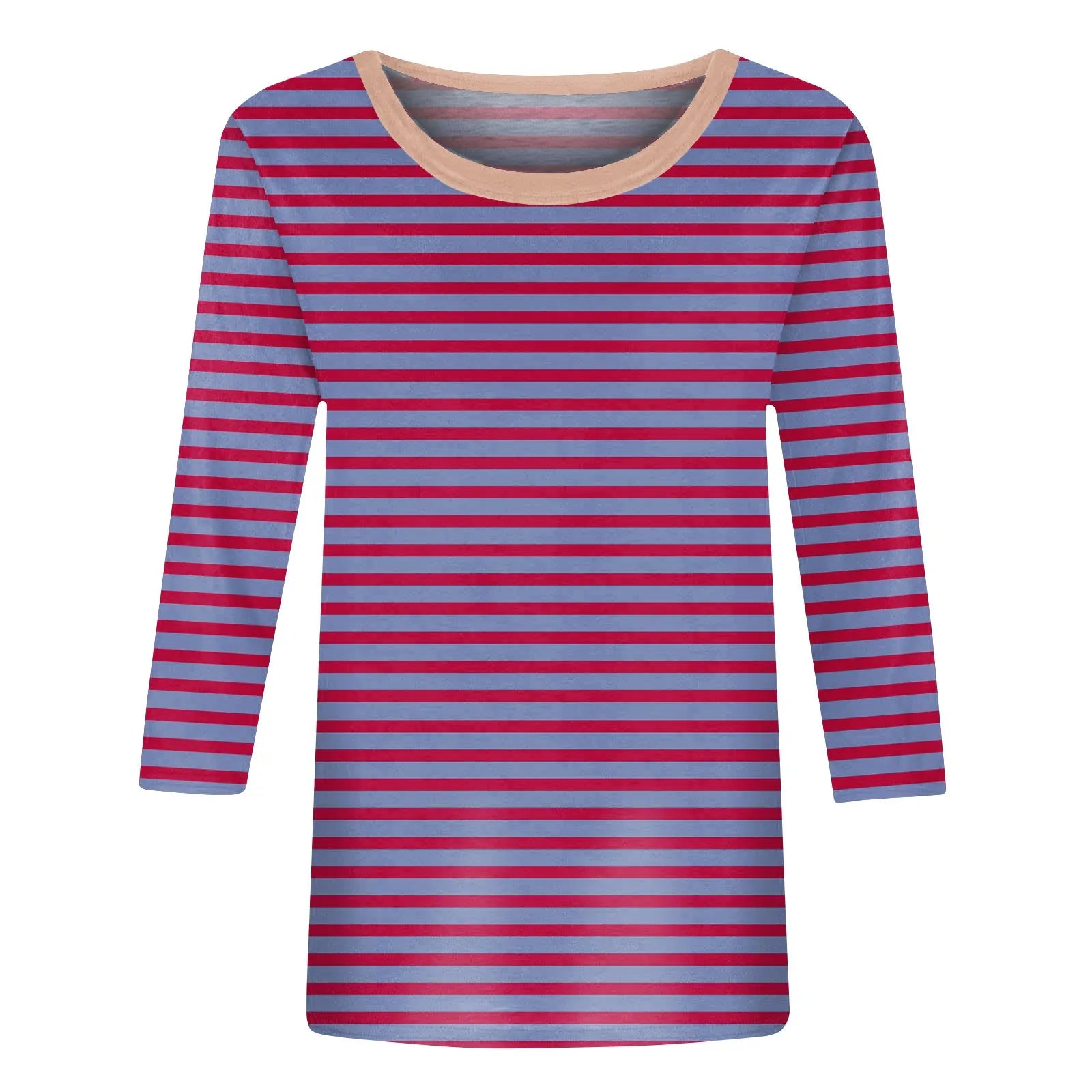Women's Summer T-Shirts Fashion Casual Everyday Versatile O-Neck 3/4 Length Sleeve Tops Striped Print T-Shirt Tops Plus Size