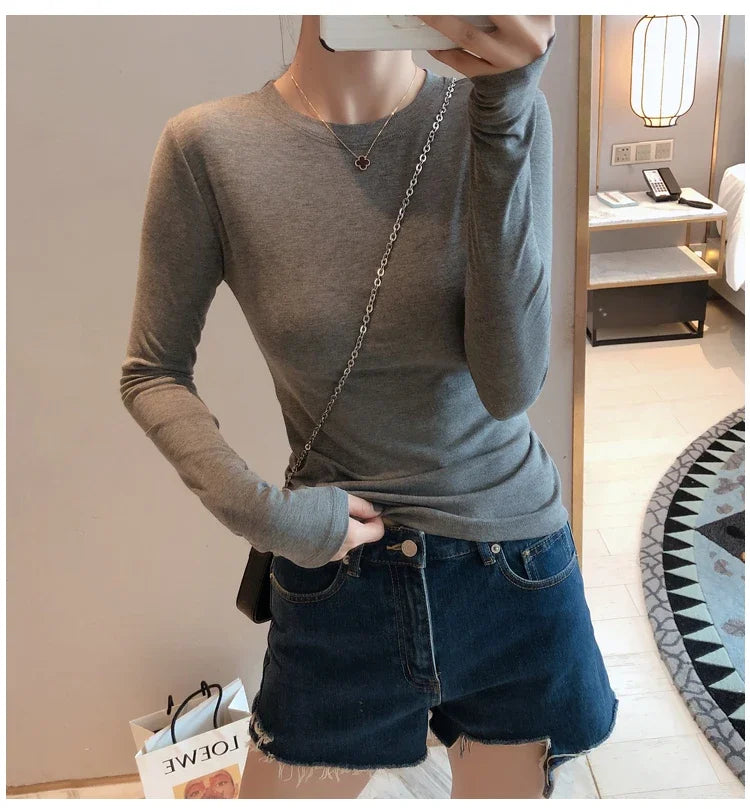 Women 2026 High Quality Plain T Shirt  Cotton Elastic Basic T-shirts Female Casual Tops Long Sleeve Sexy Thin T-shirt
