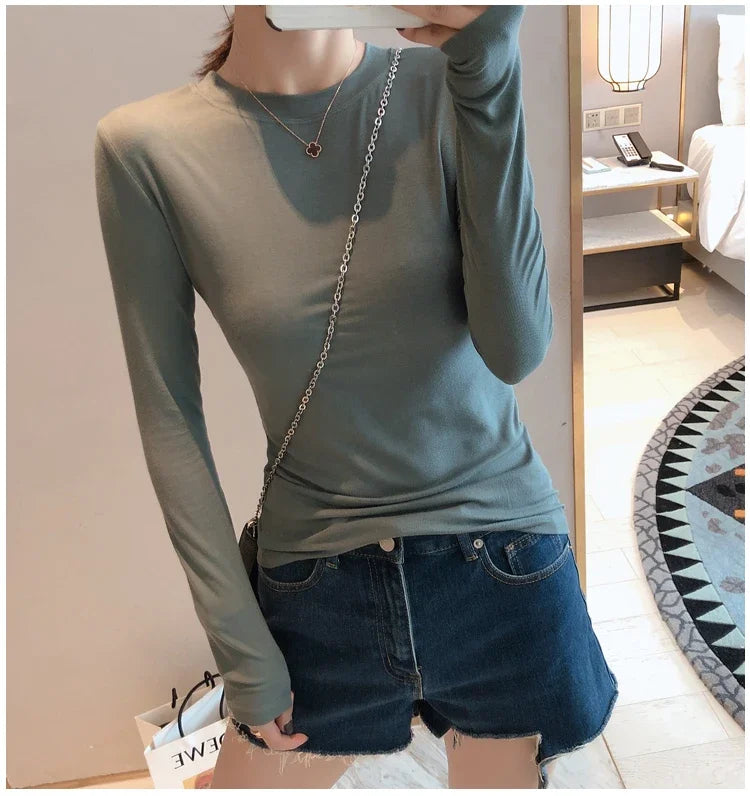 Women 2026 High Quality Plain T Shirt  Cotton Elastic Basic T-shirts Female Casual Tops Long Sleeve Sexy Thin T-shirt