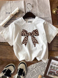 Kids T-shirts Suitable For Spring/Summer Fashion Bowknot Decorative Pattern Leopard Print Casual Simple Girls Round Neck Tees