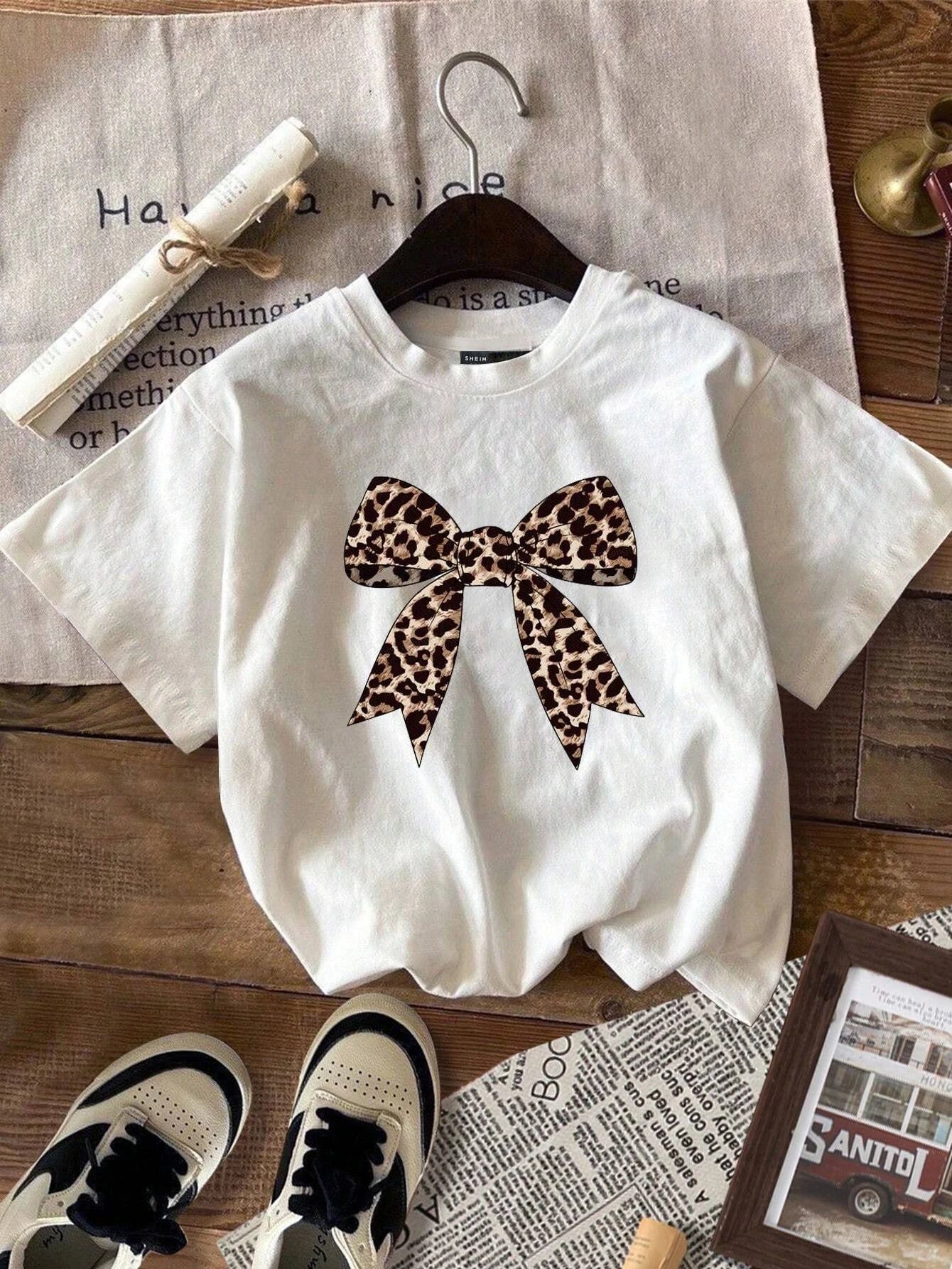 Kids T-shirts Suitable For Spring/Summer Fashion Bowknot Decorative Pattern Leopard Print Casual Simple Girls Round Neck Tees