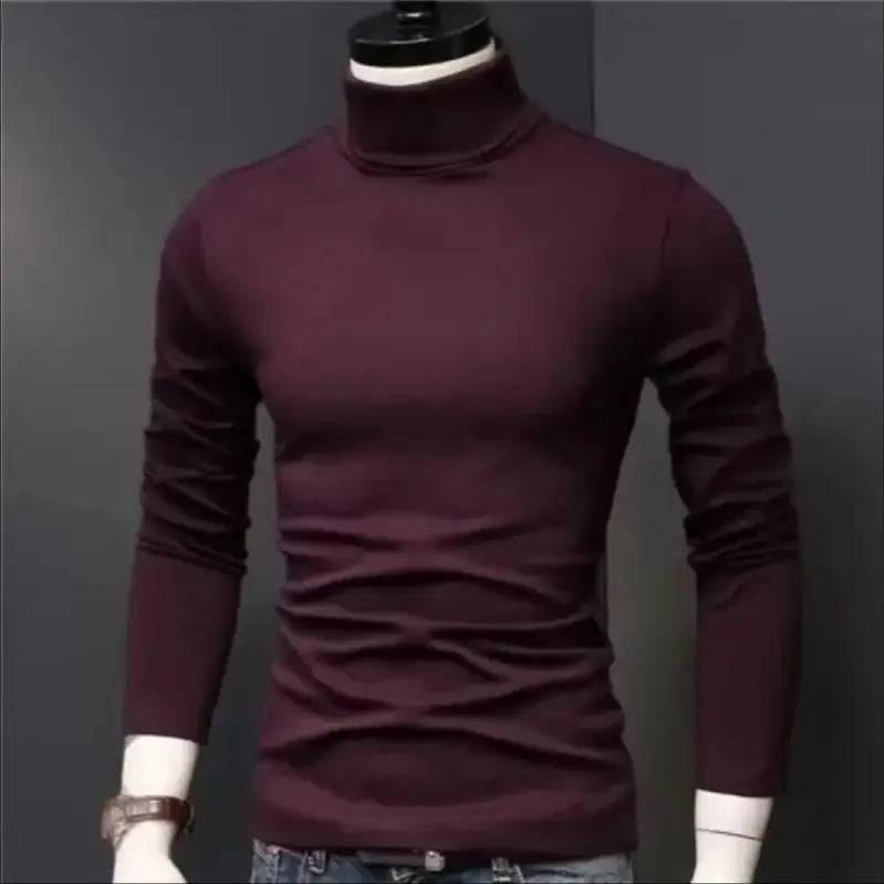 Basic Bottoming Plain T-shirt Fashion Men's Casual Slim Fit Basic Turtleneck High Collar Pullover Male Autumn Spring Thin Tops