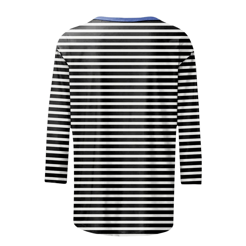 Women's Summer T-Shirts Fashion Casual Everyday Versatile O-Neck 3/4 Length Sleeve Tops Striped Print T-Shirt Tops Plus Size