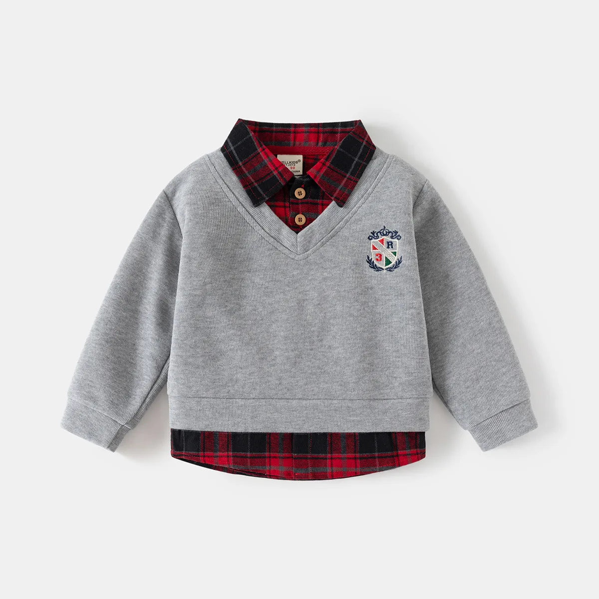 2-6Y Kids Girls Boys Plaid Shirt Baby Boy Clothes Fake Two-Piece Sweatshirt Collar Embroidery Badge Pullover Spring Casual Top