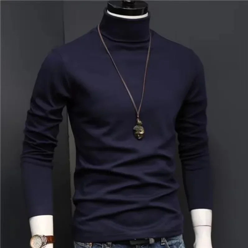 Basic Bottoming Plain T-shirt Fashion Men's Casual Slim Fit Basic Turtleneck High Collar Pullover Male Autumn Spring Thin Tops