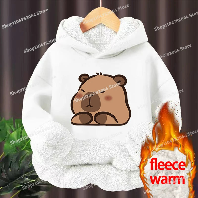 Kawaii Capybara Children's Clothing Lamb Wool Pullover Hoodies Boys Girls Winter Warm Thick Long Sleeved Sweatshirt Anime Gifts