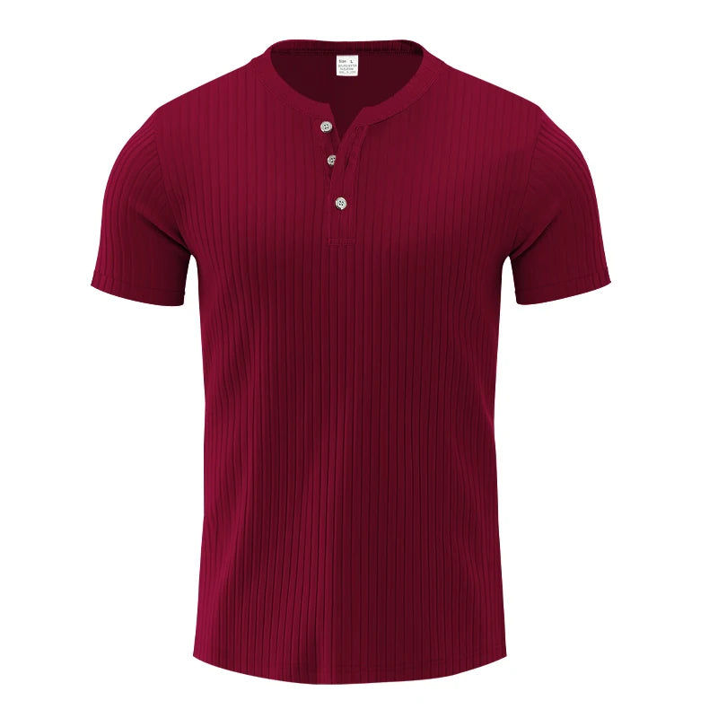 Mens Stylish Stripe Knit T-shirt -Fashionable Henley Neck, Short Sleeves, Soft & Breathable - Perfect Comfy Tops for Leisurewear