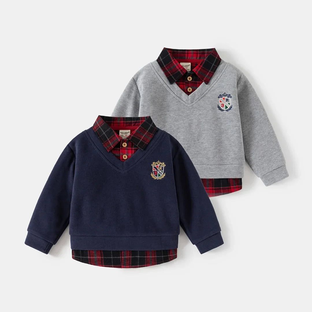 2-6Y Kids Girls Boys Plaid Shirt Baby Boy Clothes Fake Two-Piece Sweatshirt Collar Embroidery Badge Pullover Spring Casual Top