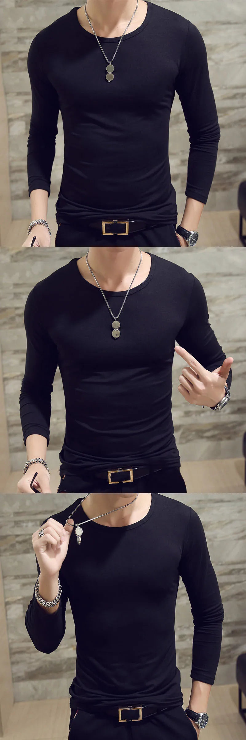 Mens Casual Slim Fit Long Sleeve T-Shirts O-Neck Man Elastic Lightweight Base Layer Male T Shirt Solid Color Tops Tees White