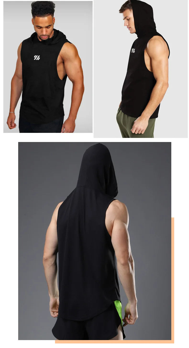 Mens Gym Tank top Men Fitness Sleeveless hooded Shirt Male Mesh Breathable Fitness Sports Vest Undershirt Gyms Running Vest Men