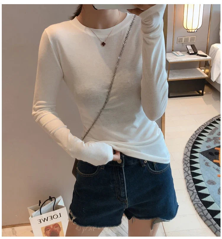 Women 2026 High Quality Plain T Shirt  Cotton Elastic Basic T-shirts Female Casual Tops Long Sleeve Sexy Thin T-shirt