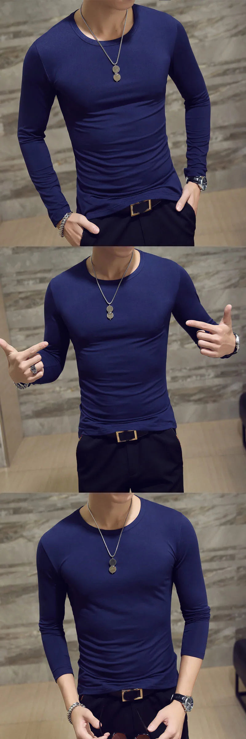 Mens Casual Slim Fit Long Sleeve T-Shirts O-Neck Man Elastic Lightweight Base Layer Male T Shirt Solid Color Tops Tees White