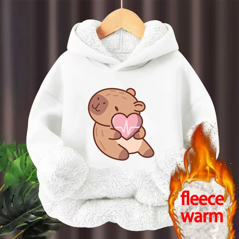Kawaii Capybara Children's Clothing Lamb Wool Pullover Hoodies Boys Girls Winter Warm Thick Long Sleeved Sweatshirt Anime Gifts