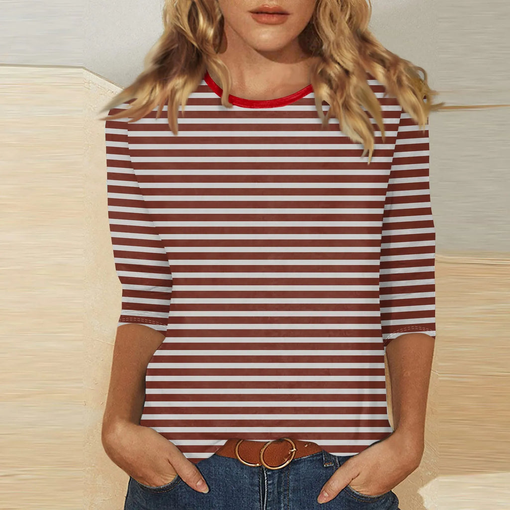 Women's Summer T-Shirts Fashion Casual Everyday Versatile O-Neck 3/4 Length Sleeve Tops Striped Print T-Shirt Tops Plus Size