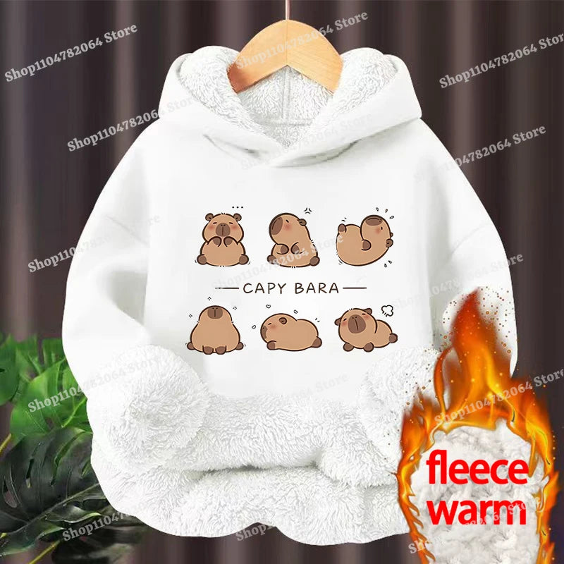 Kawaii Capybara Children's Clothing Lamb Wool Pullover Hoodies Boys Girls Winter Warm Thick Long Sleeved Sweatshirt Anime Gifts