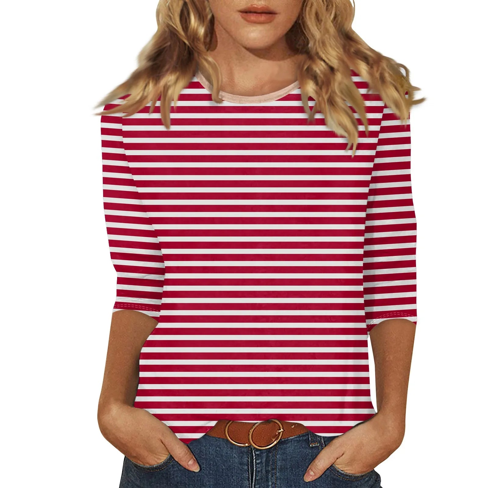 Women's Summer T-Shirts Fashion Casual Everyday Versatile O-Neck 3/4 Length Sleeve Tops Striped Print T-Shirt Tops Plus Size