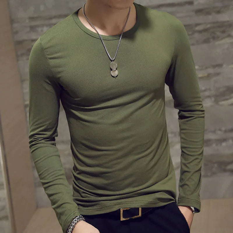 Mens Casual Slim Fit Long Sleeve T-Shirts O-Neck Man Elastic Lightweight Base Layer Male T Shirt Solid Color Tops Tees White