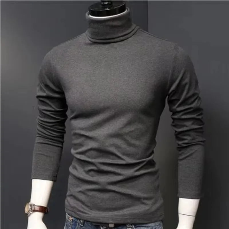Basic Bottoming Plain T-shirt Fashion Men's Casual Slim Fit Basic Turtleneck High Collar Pullover Male Autumn Spring Thin Tops