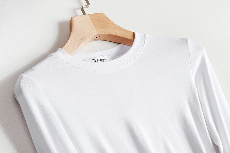 Plain Cotton Women T Shirt High Quality Elastic Basic Solid Long Sleeve T-shirts Female Casual Tops Korean Thin O Neck Tshirt