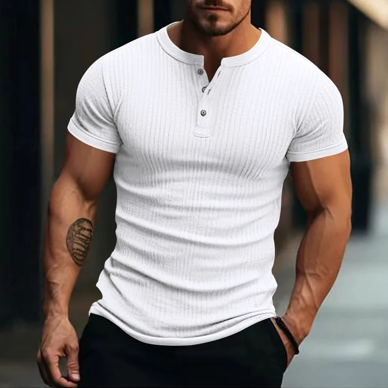 Mens Stylish Stripe Knit T-shirt -Fashionable Henley Neck, Short Sleeves, Soft & Breathable - Perfect Comfy Tops for Leisurewear