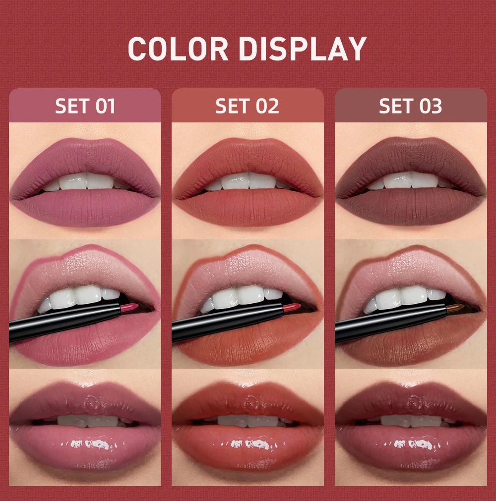 3pcs Matte Liquid Lipstick+Lip Liner Set Lip Glaze Makeup Nude Black Red Velvet Lip Gloss Long Lasting Lip Tint Cosmetics Kits