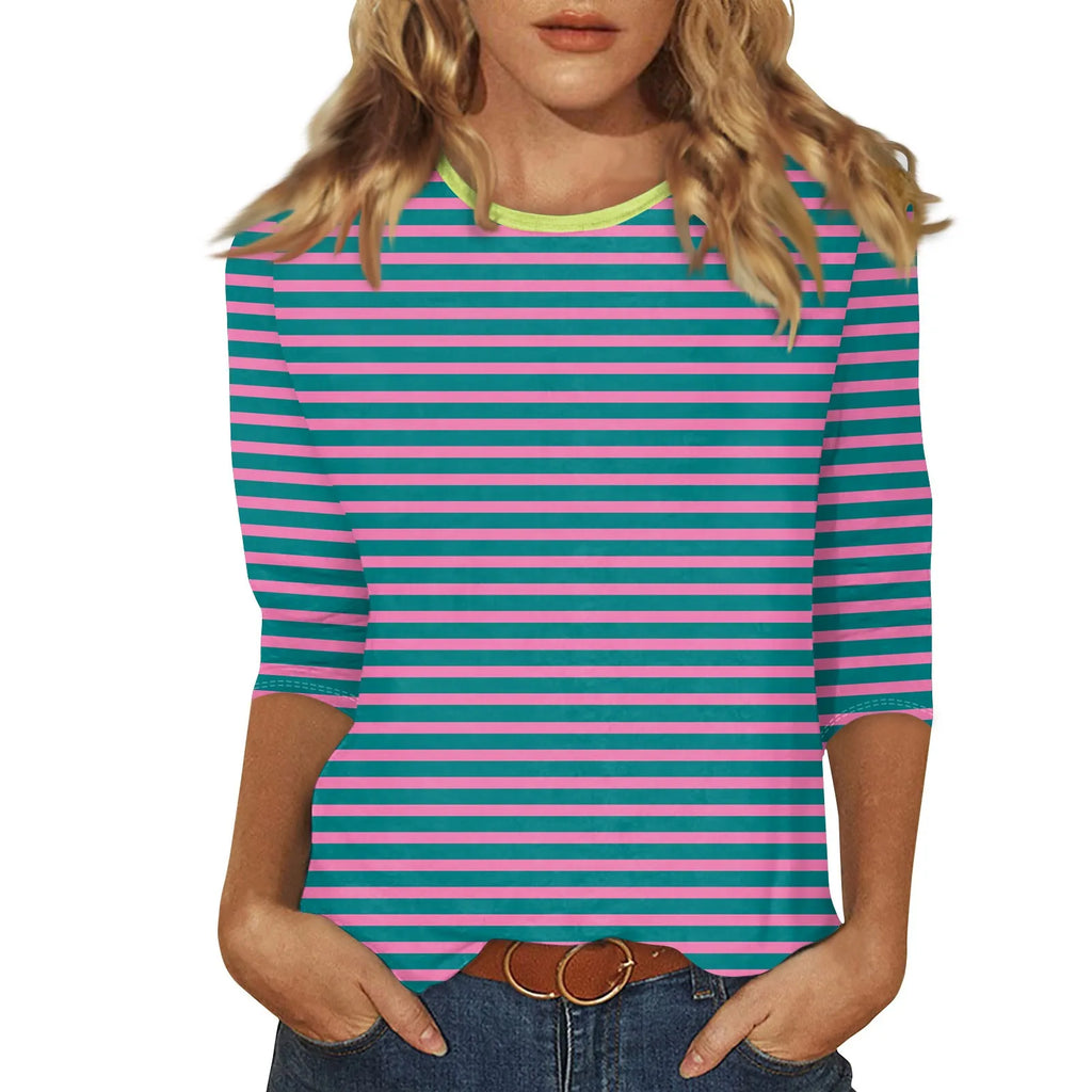 Women's Summer T-Shirts Fashion Casual Everyday Versatile O-Neck 3/4 Length Sleeve Tops Striped Print T-Shirt Tops Plus Size