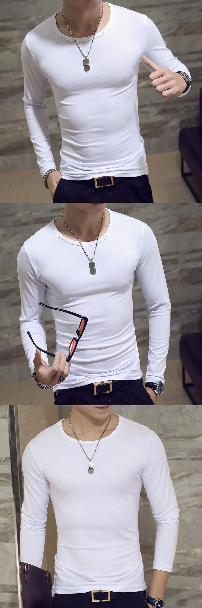 Mens Casual Slim Fit Long Sleeve T-Shirts O-Neck Man Elastic Lightweight Base Layer Male T Shirt Solid Color Tops Tees White