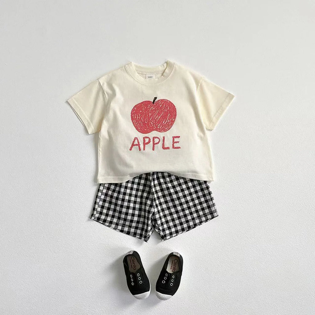 Fruit Tshirt Plaid Shorts 2Piece Set Boys And Girls Cute Tees Loose Shorts Kids New Simple Round Neck Tops+Shorts Kids Suit