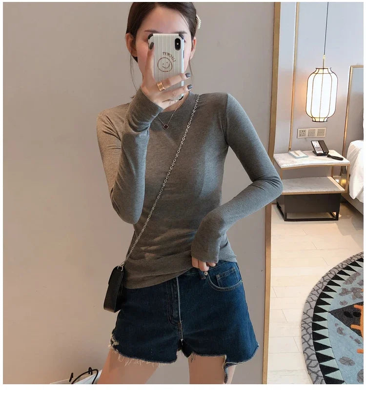 Women 2026 High Quality Plain T Shirt  Cotton Elastic Basic T-shirts Female Casual Tops Long Sleeve Sexy Thin T-shirt