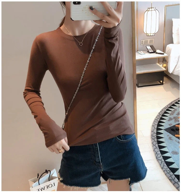 Women 2026 High Quality Plain T Shirt  Cotton Elastic Basic T-shirts Female Casual Tops Long Sleeve Sexy Thin T-shirt