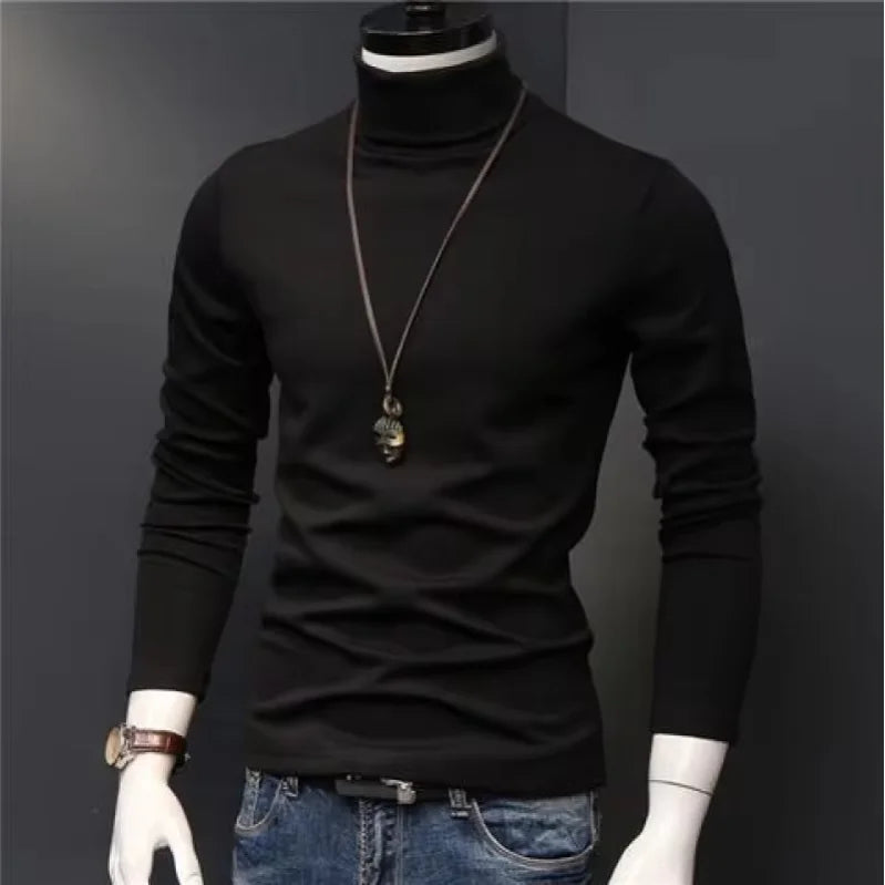 Basic Bottoming Plain T-shirt Fashion Men's Casual Slim Fit Basic Turtleneck High Collar Pullover Male Autumn Spring Thin Tops